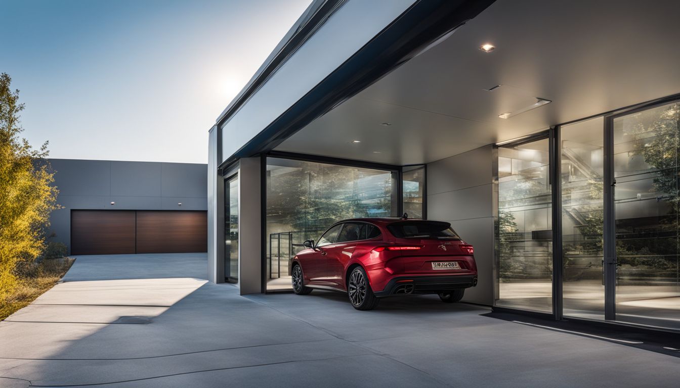 A modern glass garage door in an urban setting with frosted panels.