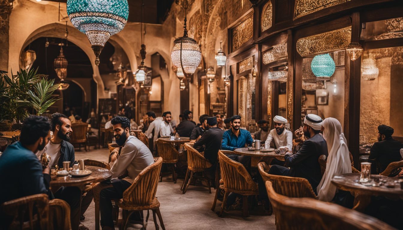 A traditional Middle Eastern coffee house with people socializing and drinking.