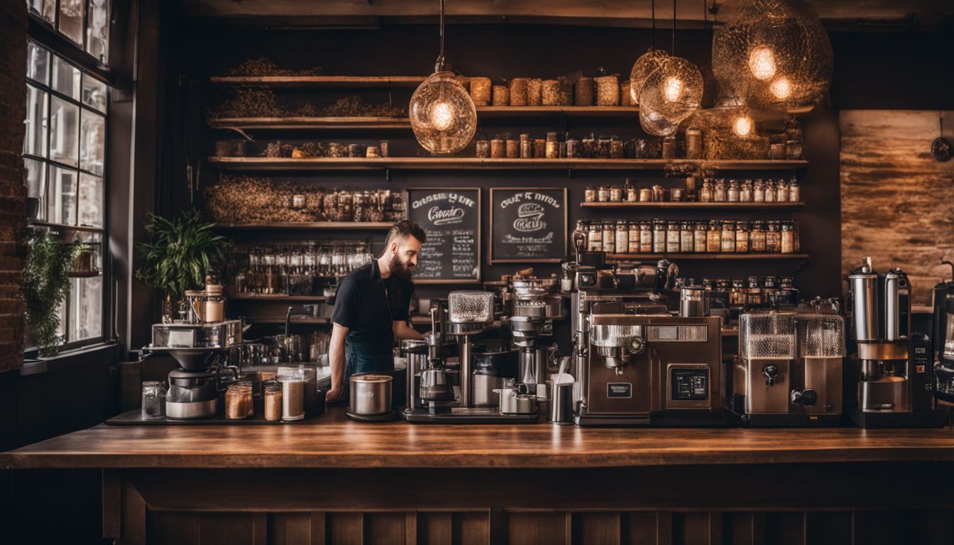 A bustling rustic coffee shop with shelves of coffee beans and brewing equipment.