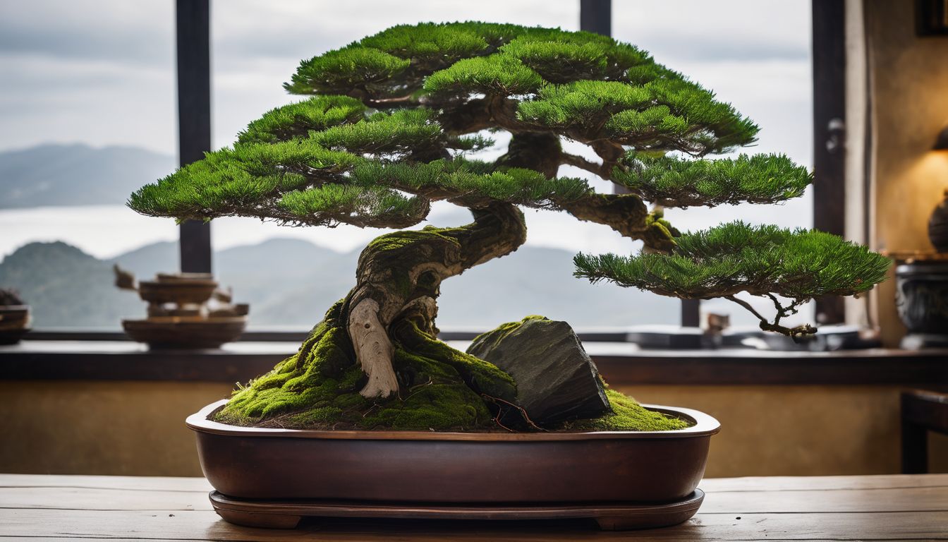 A mature bonsai tree surrounded by tools and greenery.