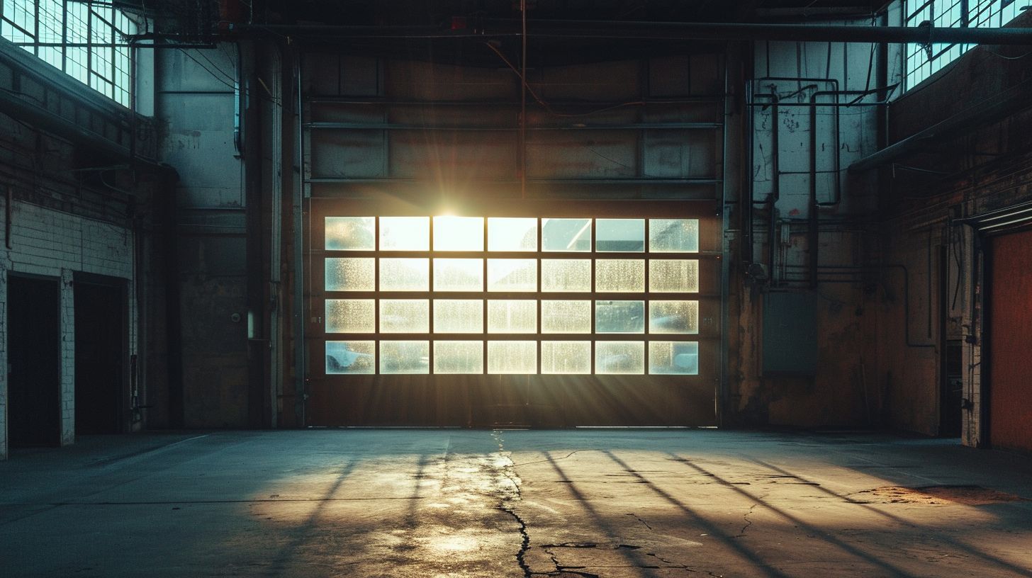 The photo features a person standing in front of a glass garage door.