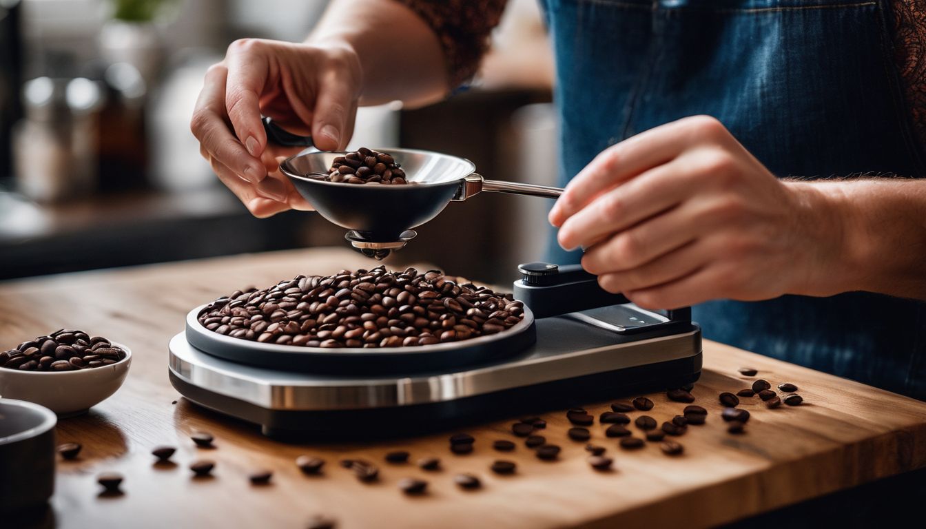 A person measures coffee beans in a bustling kitchen surrounded by blends.