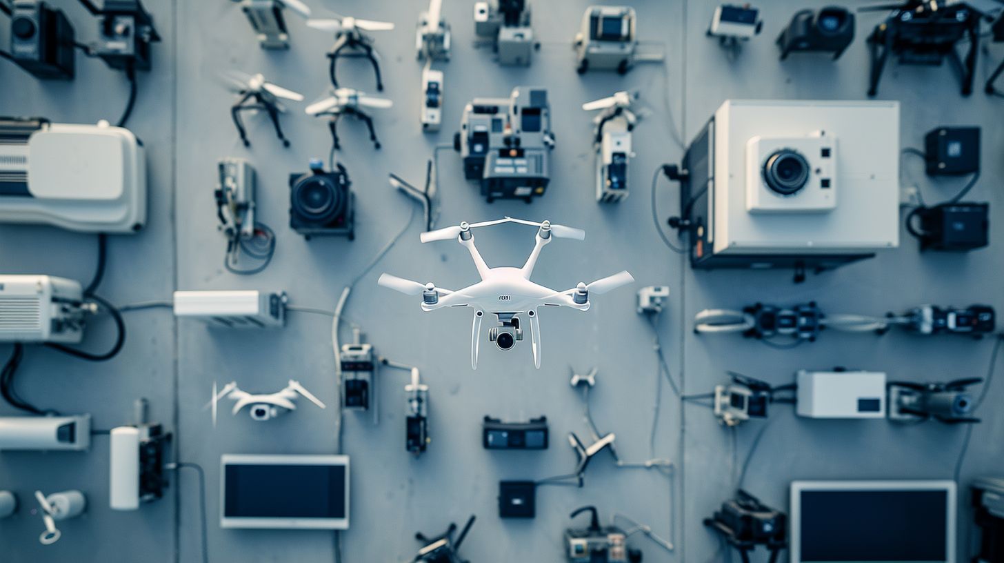 State-of-the-art security equipment and surveillance systems captured from above with a drone.