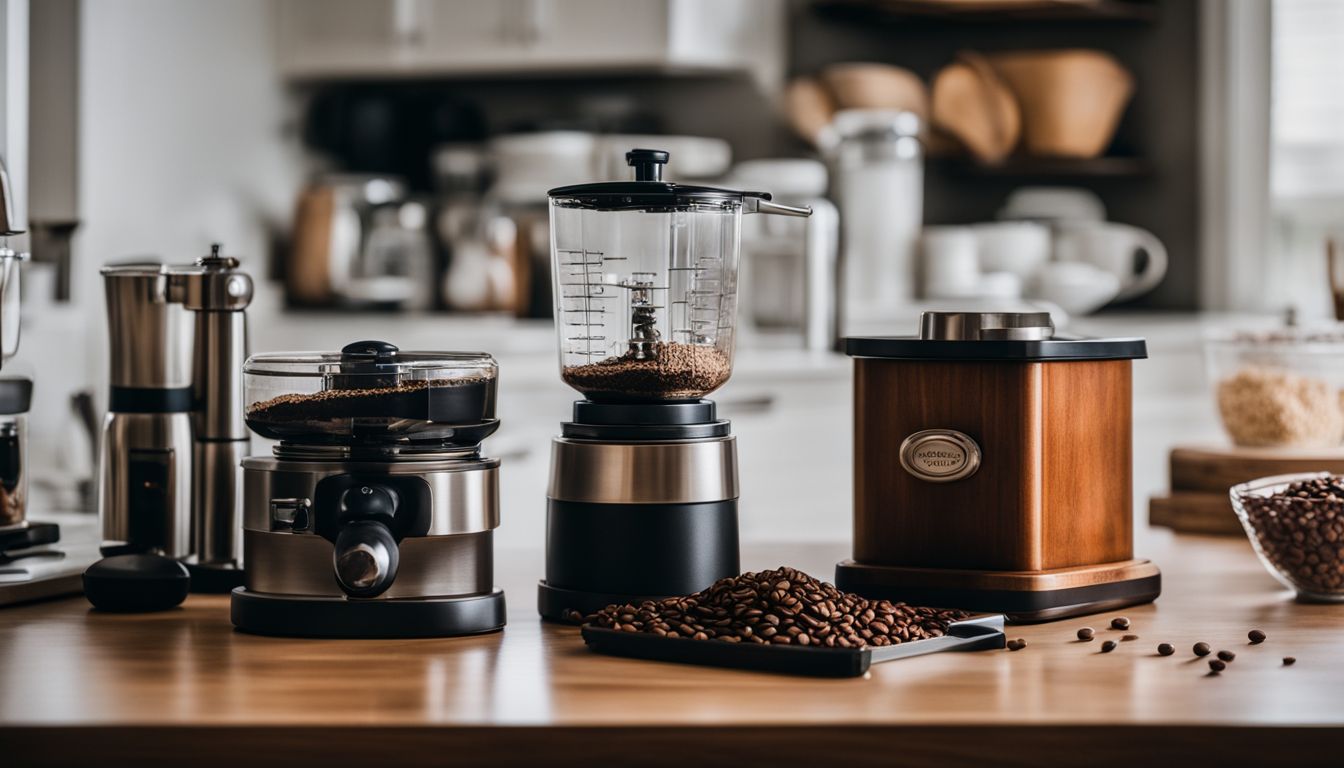 A well-stocked kitchen countertop with coffee grinder, measuring tools, and storage containers.