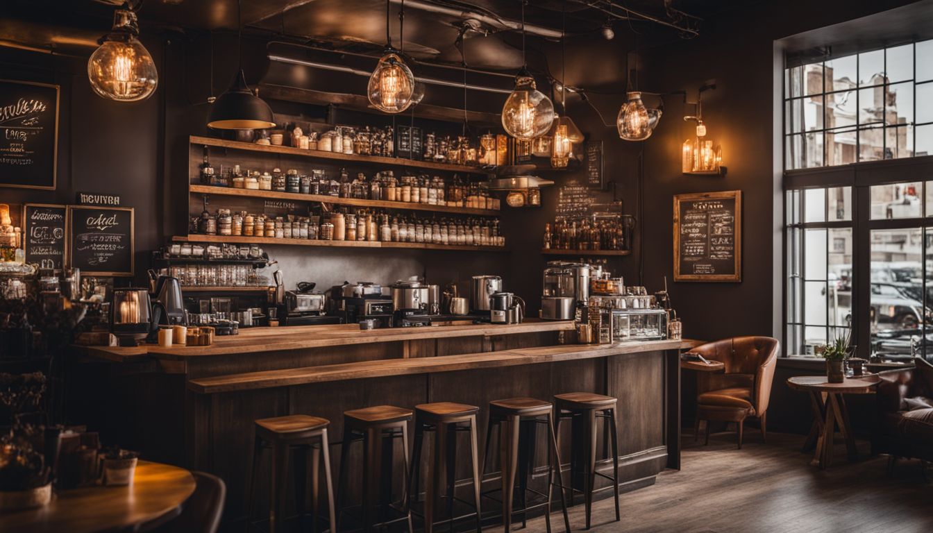 A cozy coffee bar with a variety of blends and rustic decor.