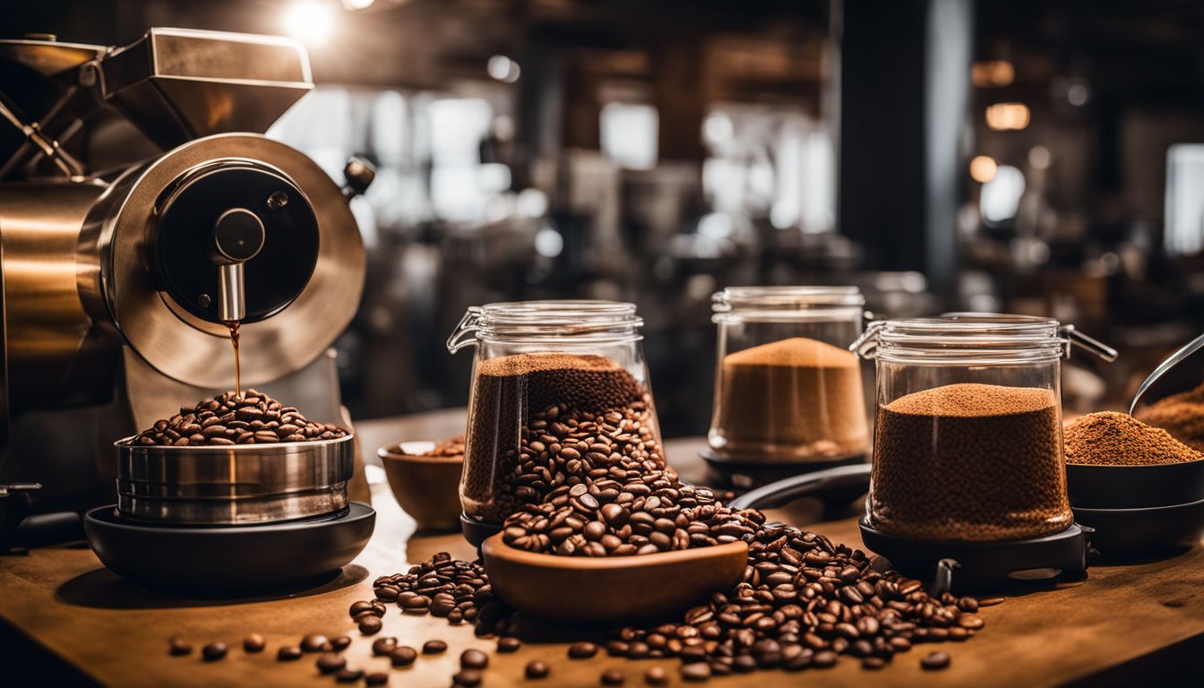 A diverse selection of coffee beans with a roasting machine in the background.