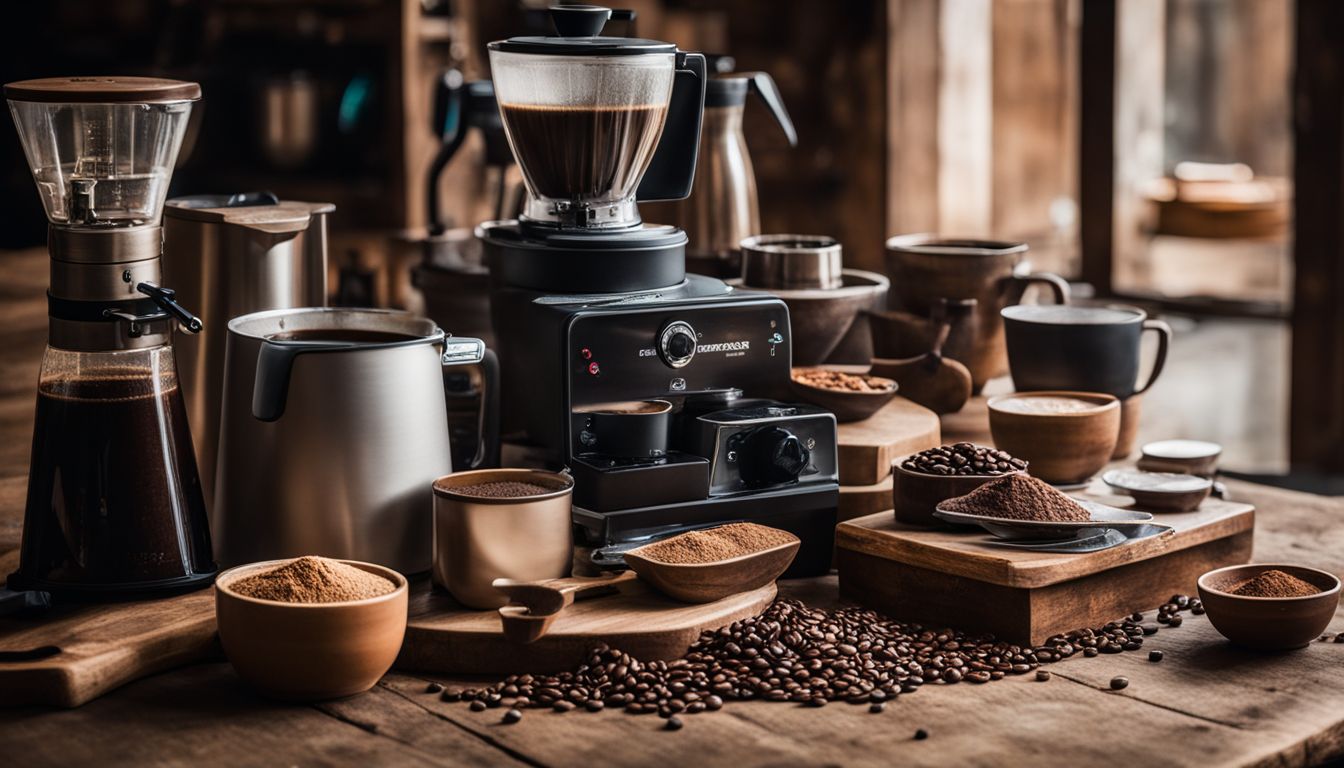 A variety of coffee blending equipment on a rustic table.