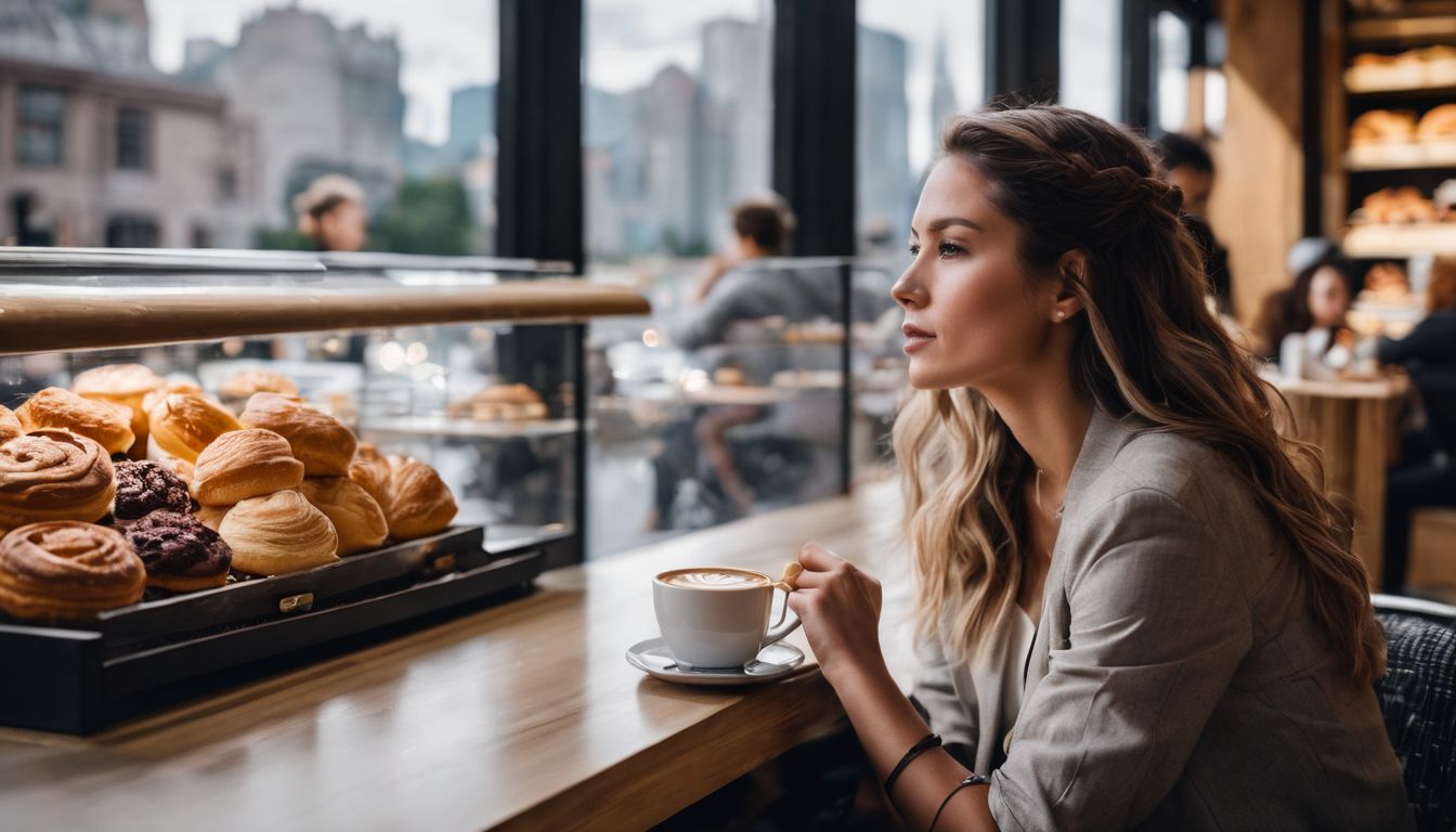 A person enjoying coffee and pastries at Fresh Baked Pastries.