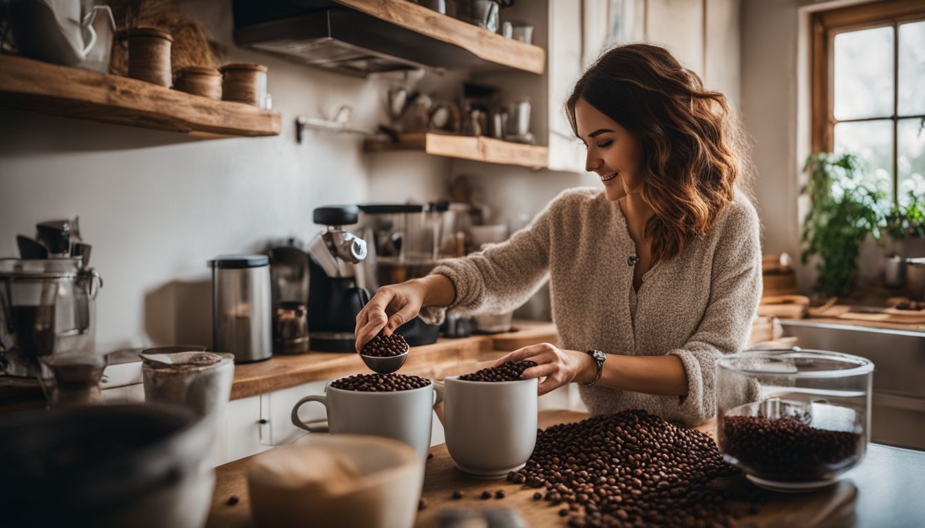 A person blending coffee beans in a cozy kitchen.