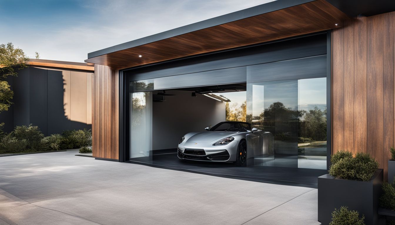A modern glass garage door on a contemporary home in a bustling cityscape.