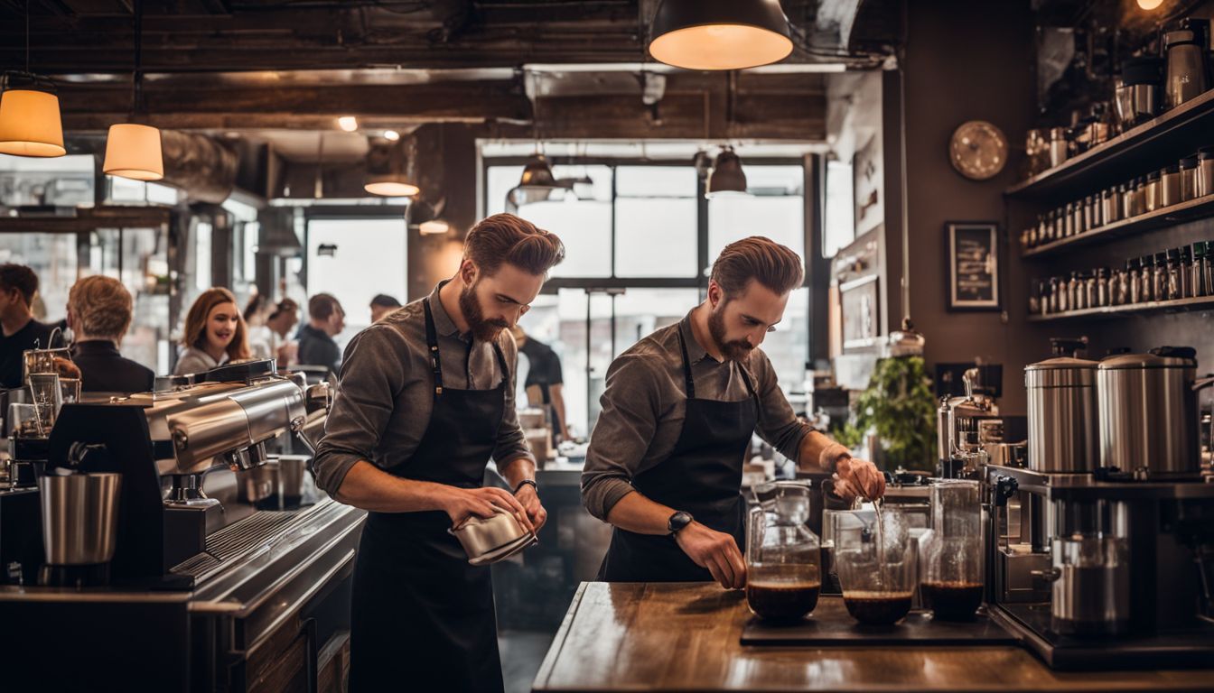 A coffee barista brewing coffee in a busy urban cafe.