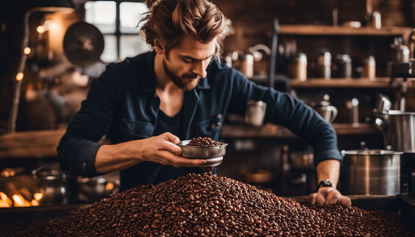 A person holding coffee beans with brewing equipment in a bustling atmosphere.