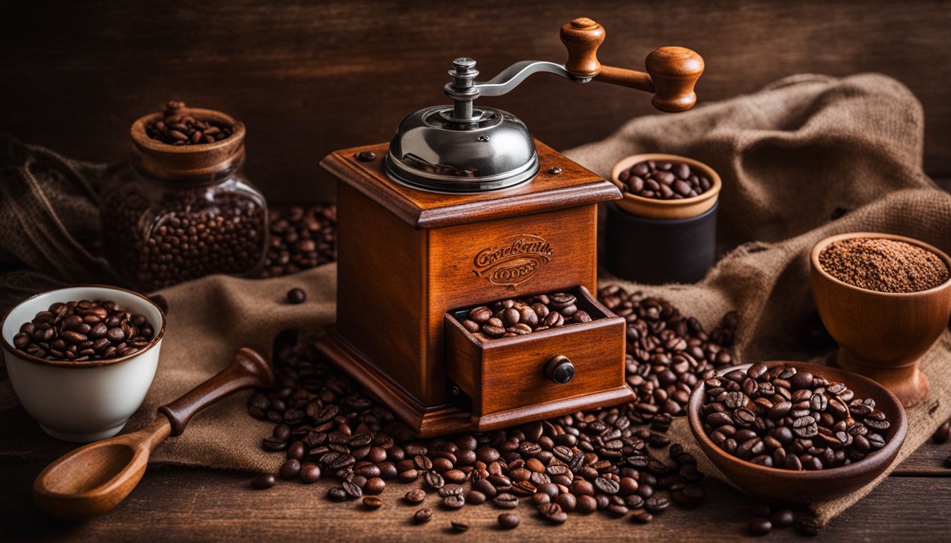 A wooden coffee grinder surrounded by various coffee beans on a rustic table.