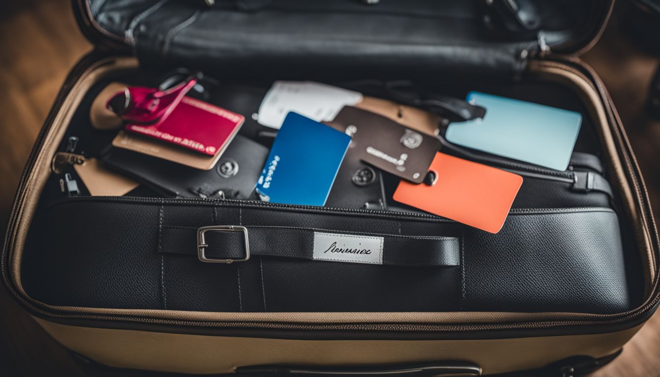 A vibrant luggage tag stands out on a suitcase among a sea of plain black bags in a bustling atmosphere.