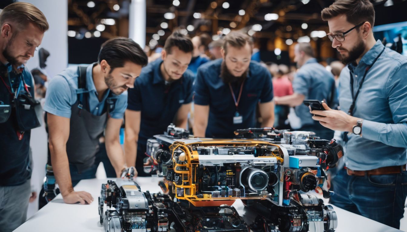 A group of engineers examining robotics at a high-tech expo.