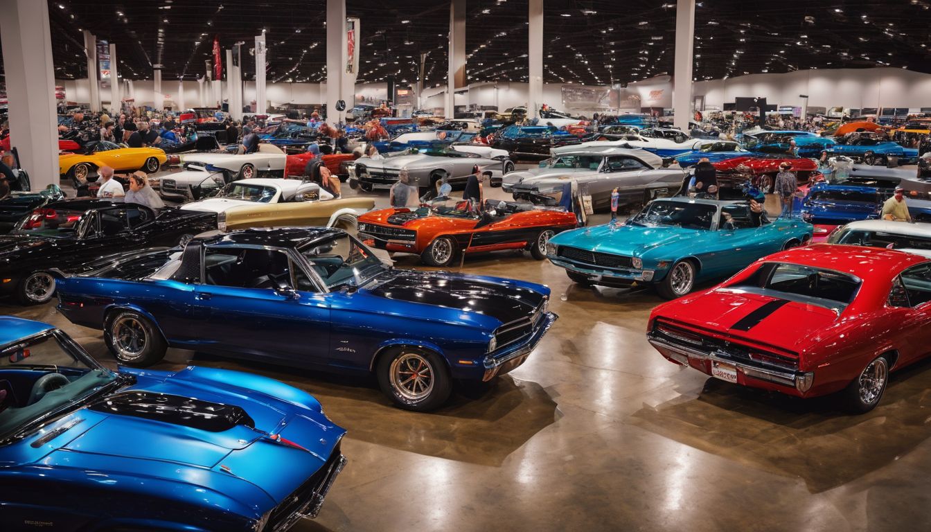 A group of car enthusiasts surrounded by vintage and customized cars.