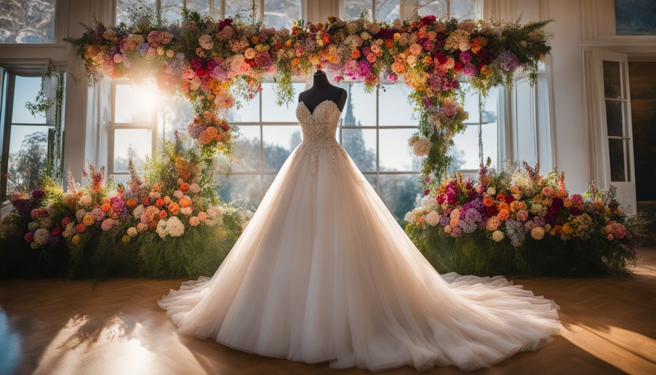 A bridal gown surrounded by flowers, diverse models, and stylish outfits.