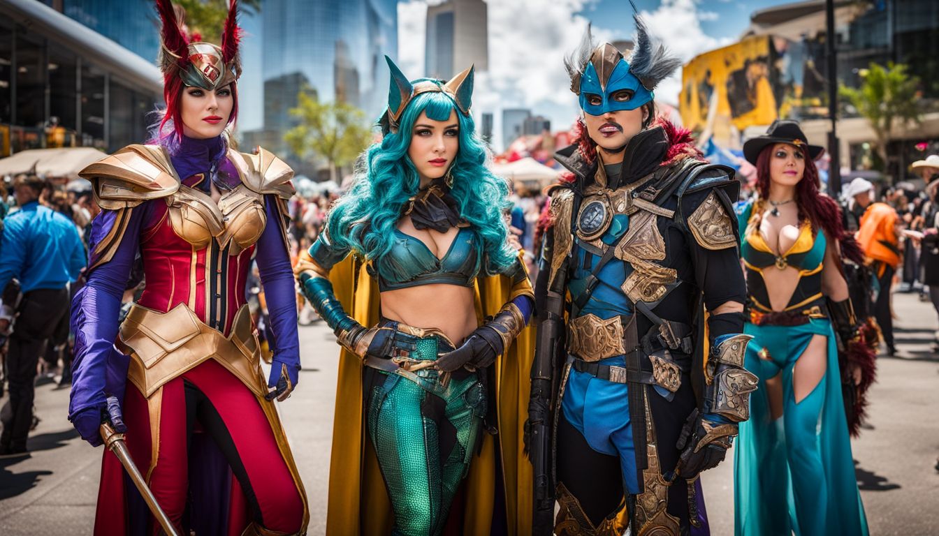 Cosplayers in elaborate costumes at Comic-Con surrounded by vibrant displays.