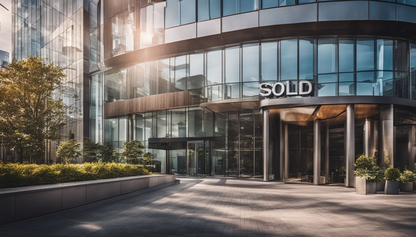 A modern office building with a Sold sign in a bustling city.