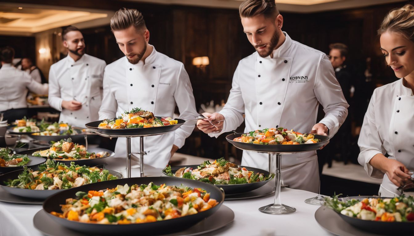 A group of catering professionals serving elegant dishes in a stylish event venue.