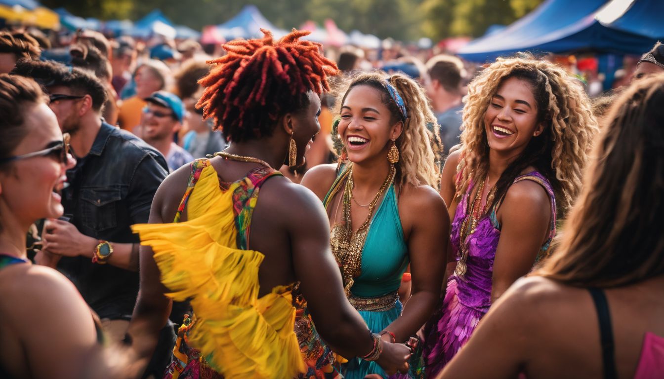 A lively, colorful festival crowd dancing and laughing together in a bustling atmosphere.