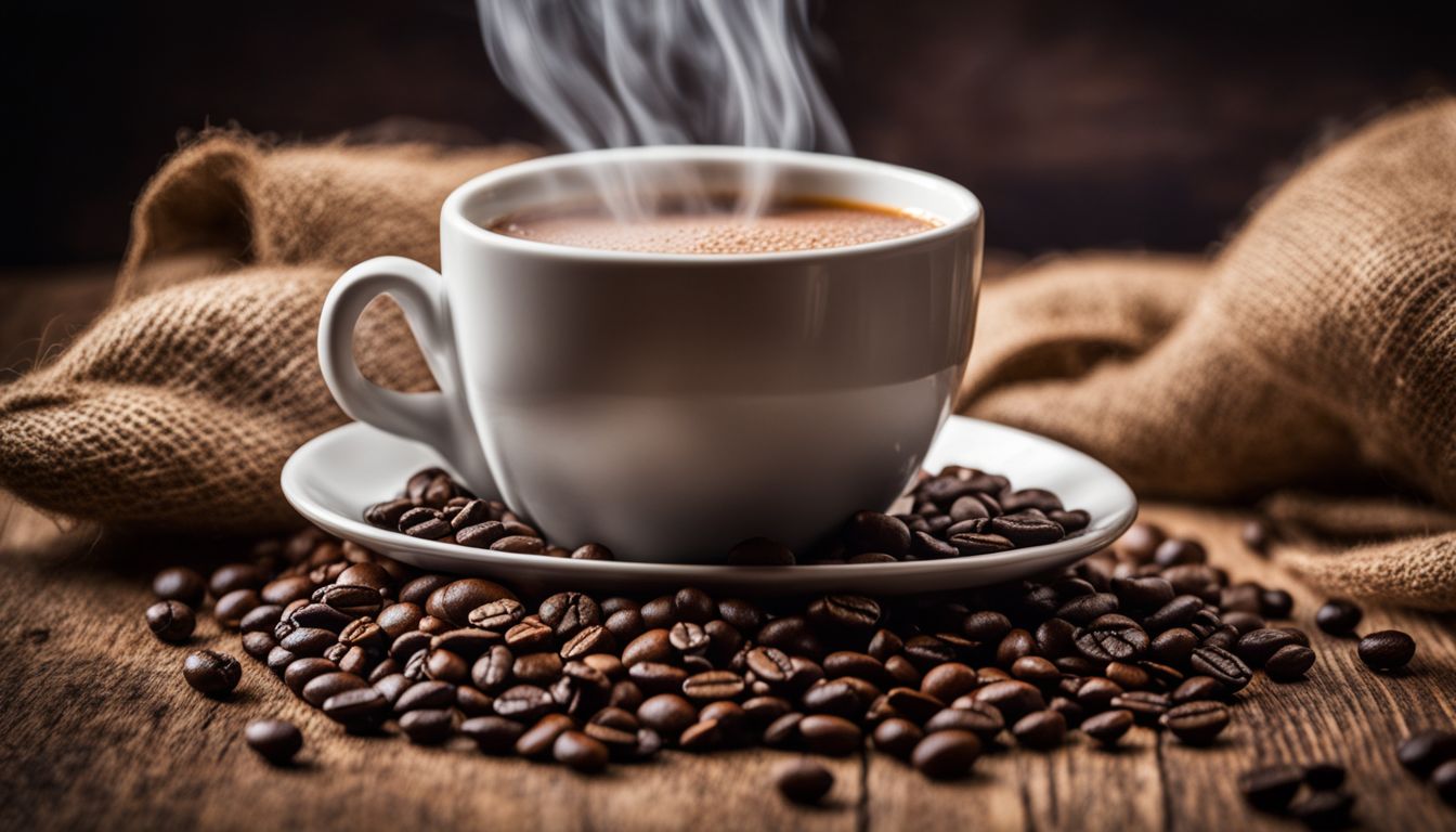 A close-up of a steaming coffee cup surrounded by freshly roasted beans.