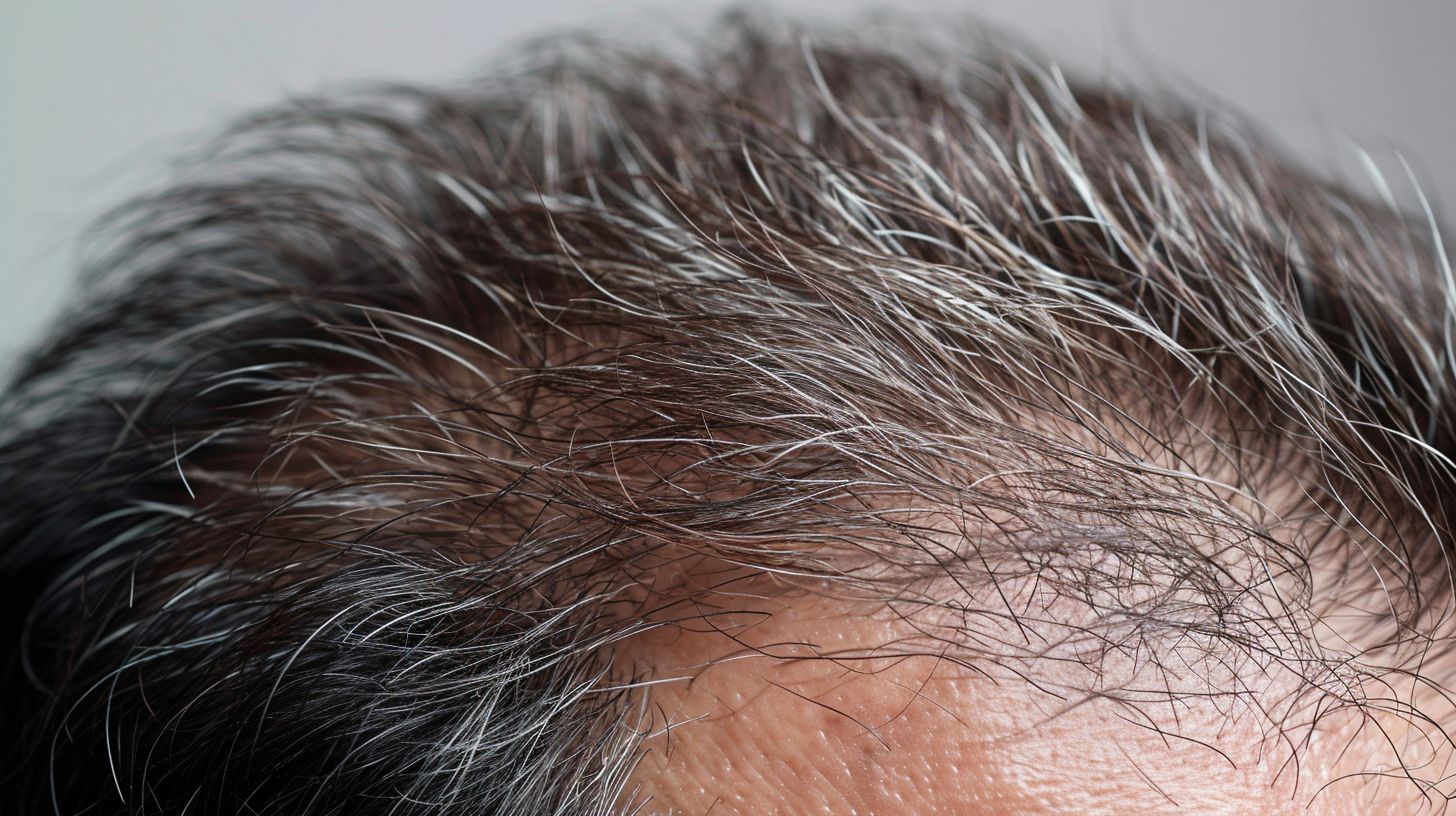 Close-up of a man's scalp showing hair thinning and comparison of hair loss medications.