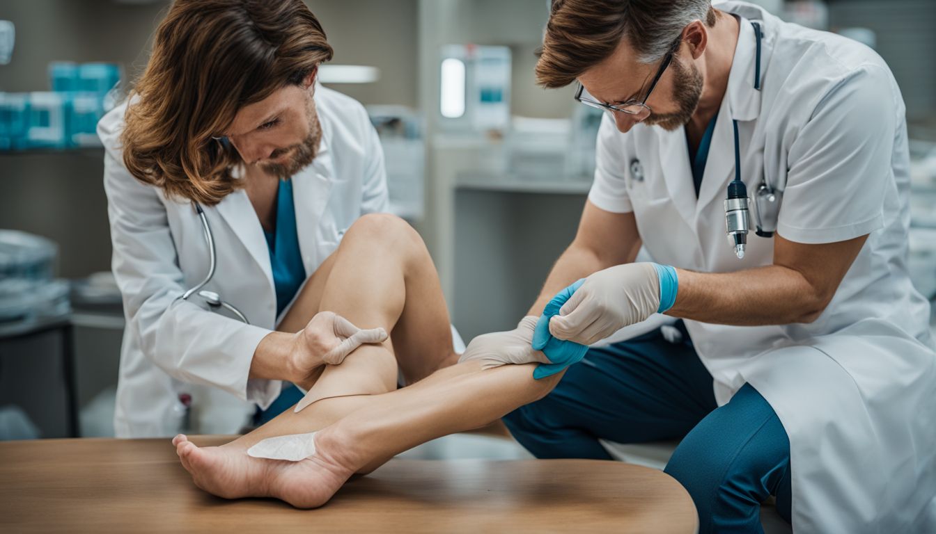A healthcare professional examining a diabetic foot wound in a clinical setting.
