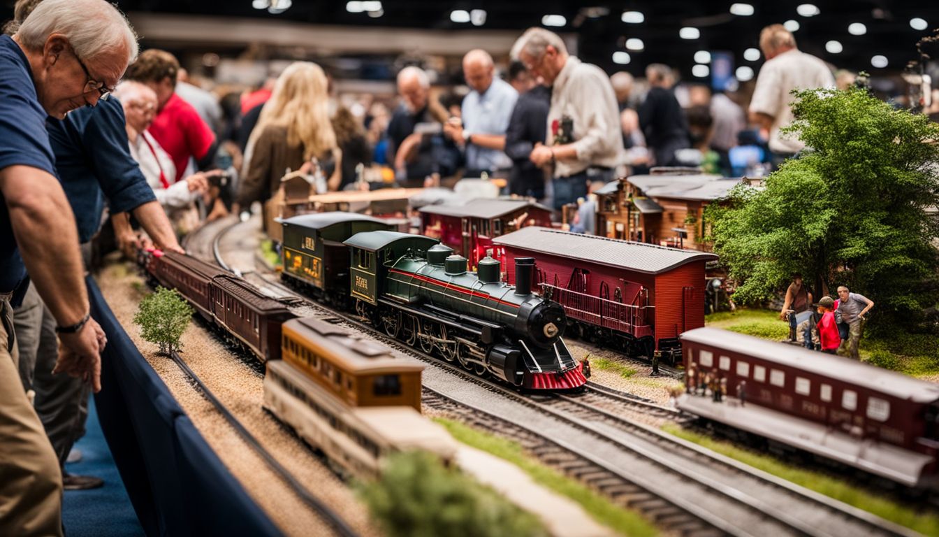 Train enthusiasts exploring detailed model train display at Dallas Area Train Show.