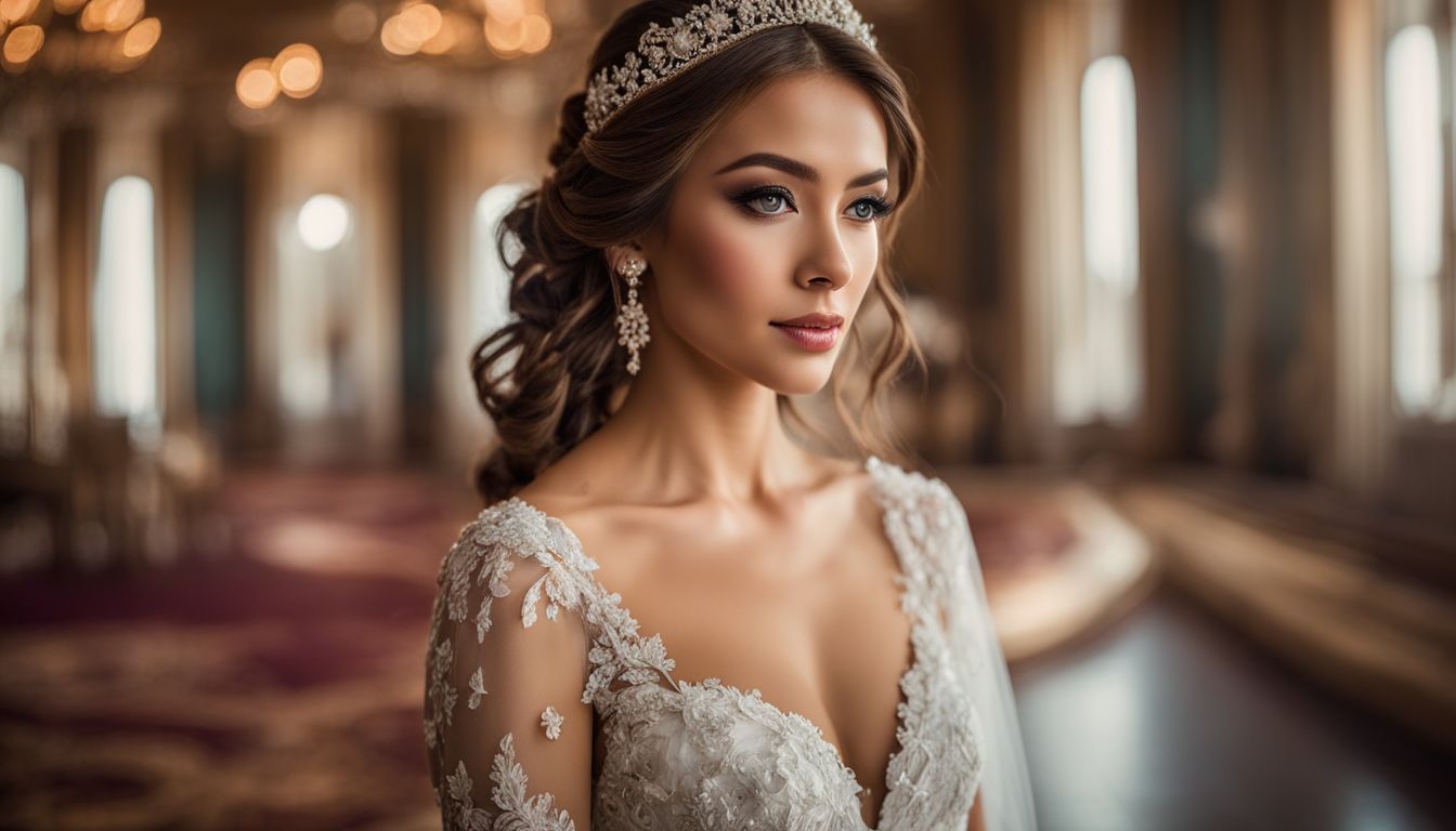 A bride in a luxurious gown posing in a grand ballroom.