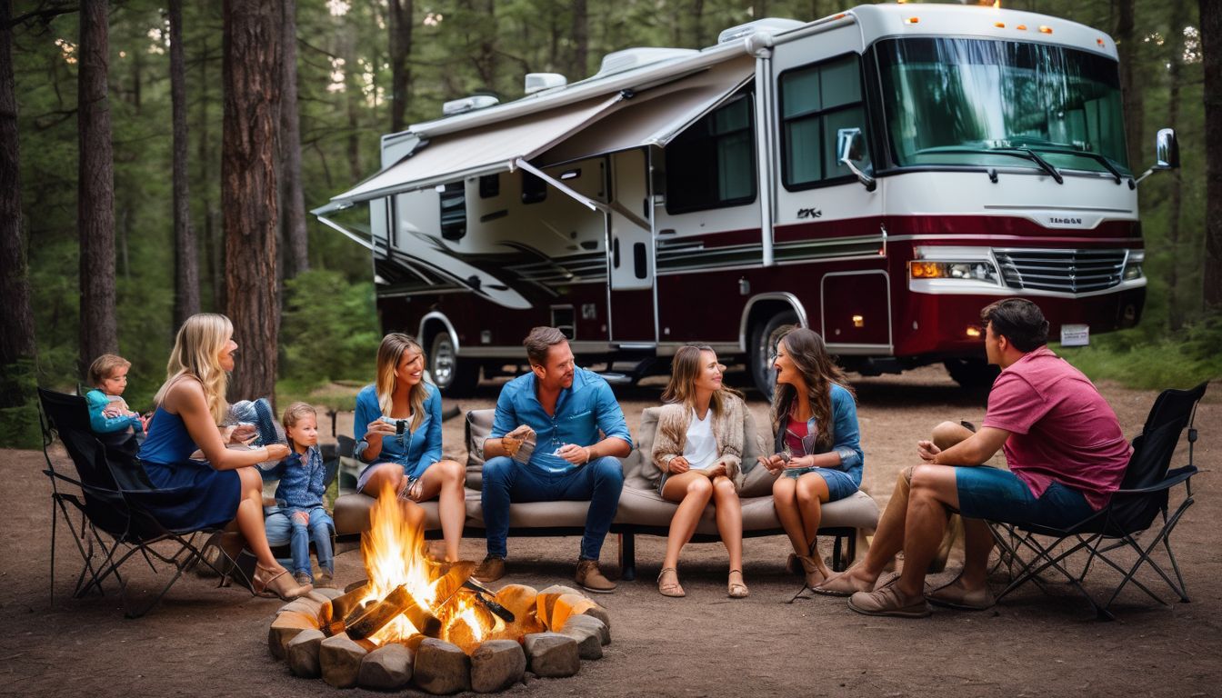 A family enjoying a campfire at a Dallas RV SuperSale.