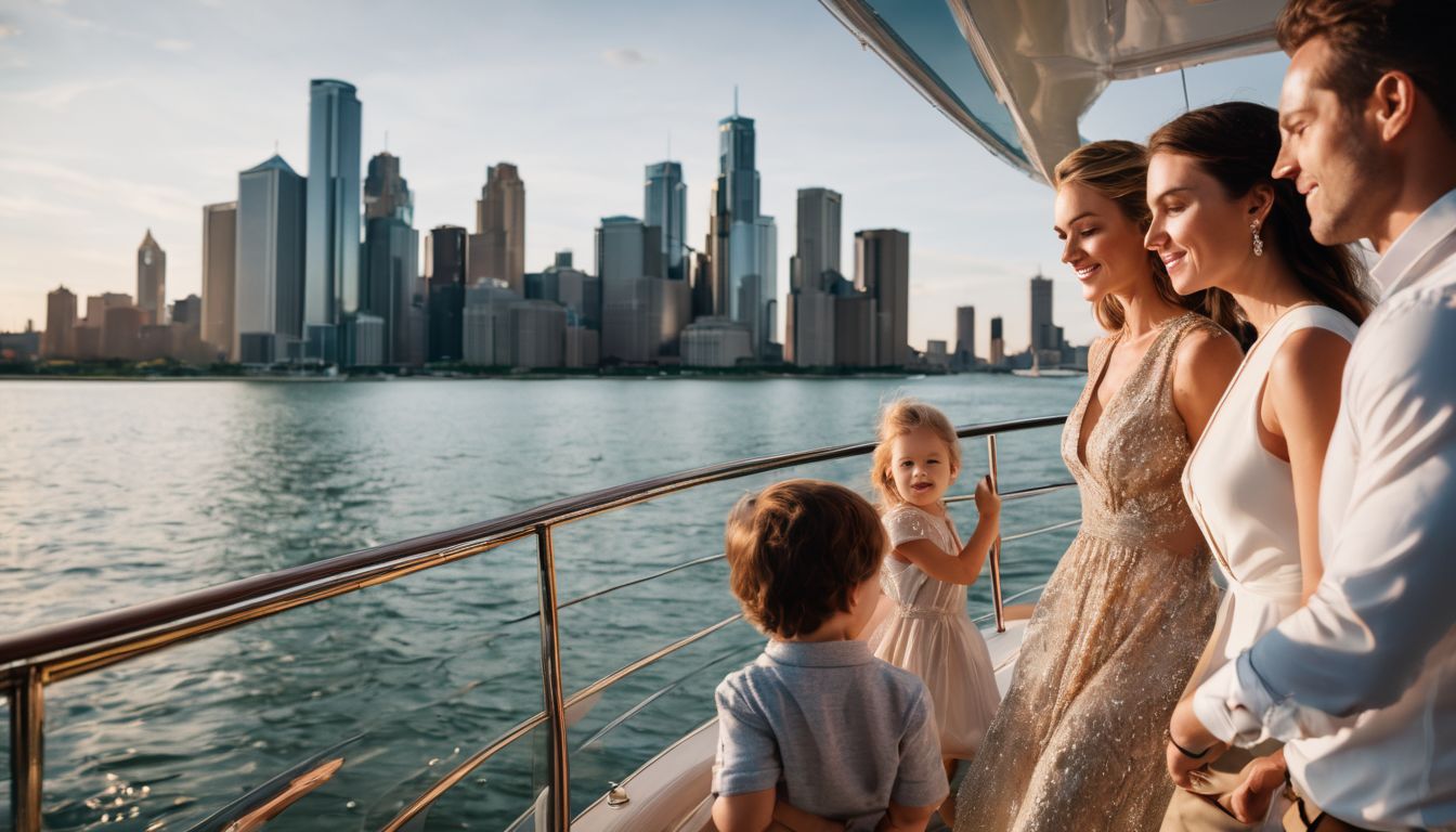 A family exploring a luxurious yacht with the Detroit skyline in the background.