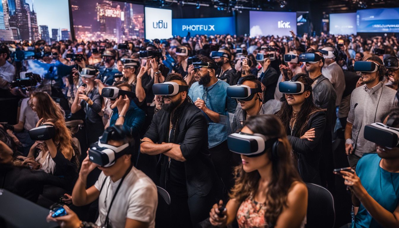 Attendees using virtual reality headsets to experience a bustling cityscape event.