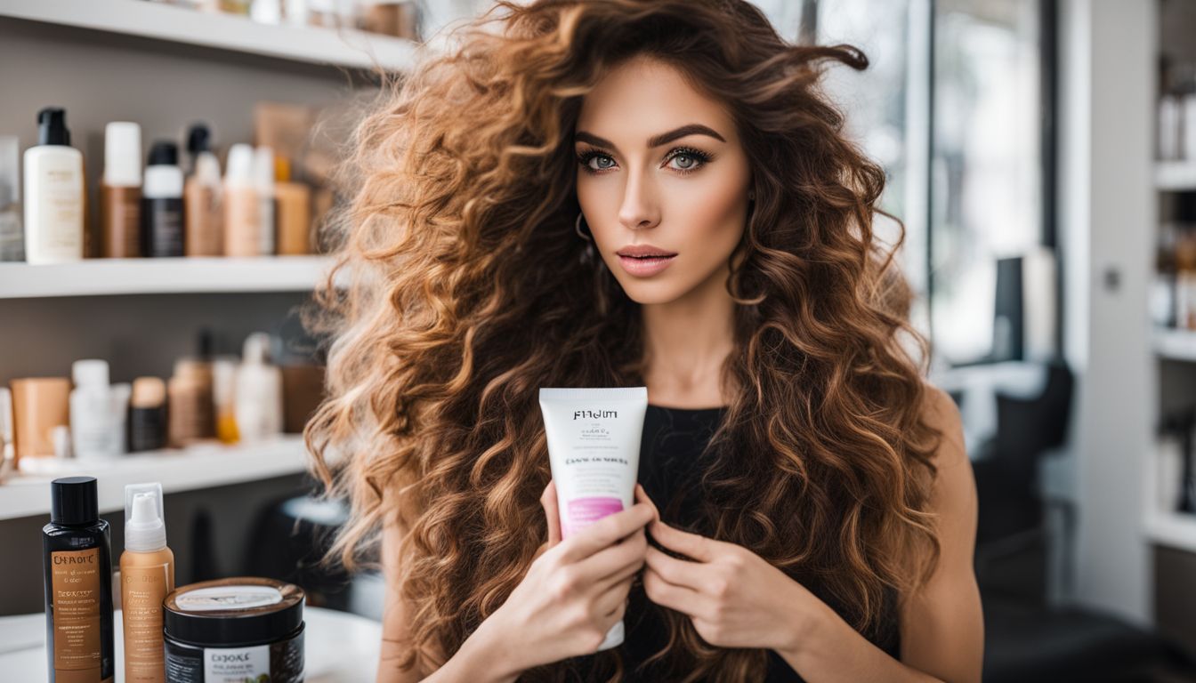 Dry, damaged hair surrounded by hair care products and various hairstyles.