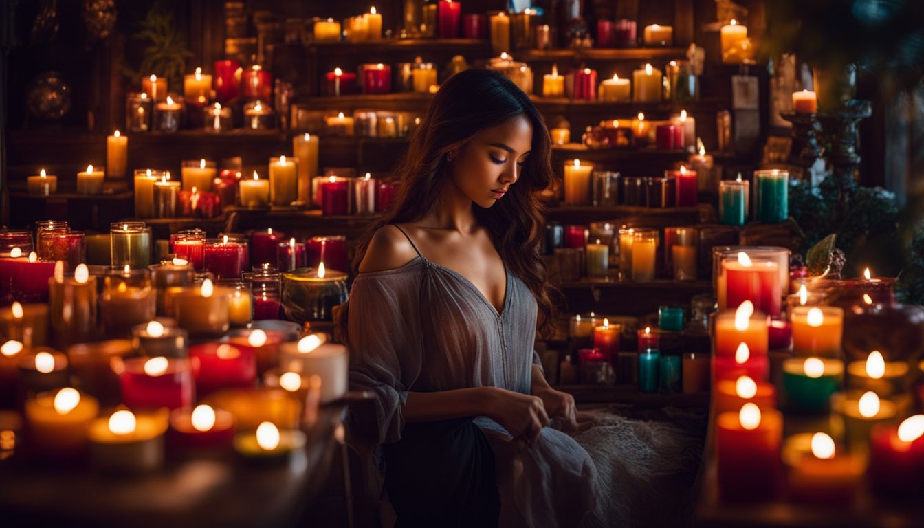 An assortment of scented candles in a bustling, well-lit room.