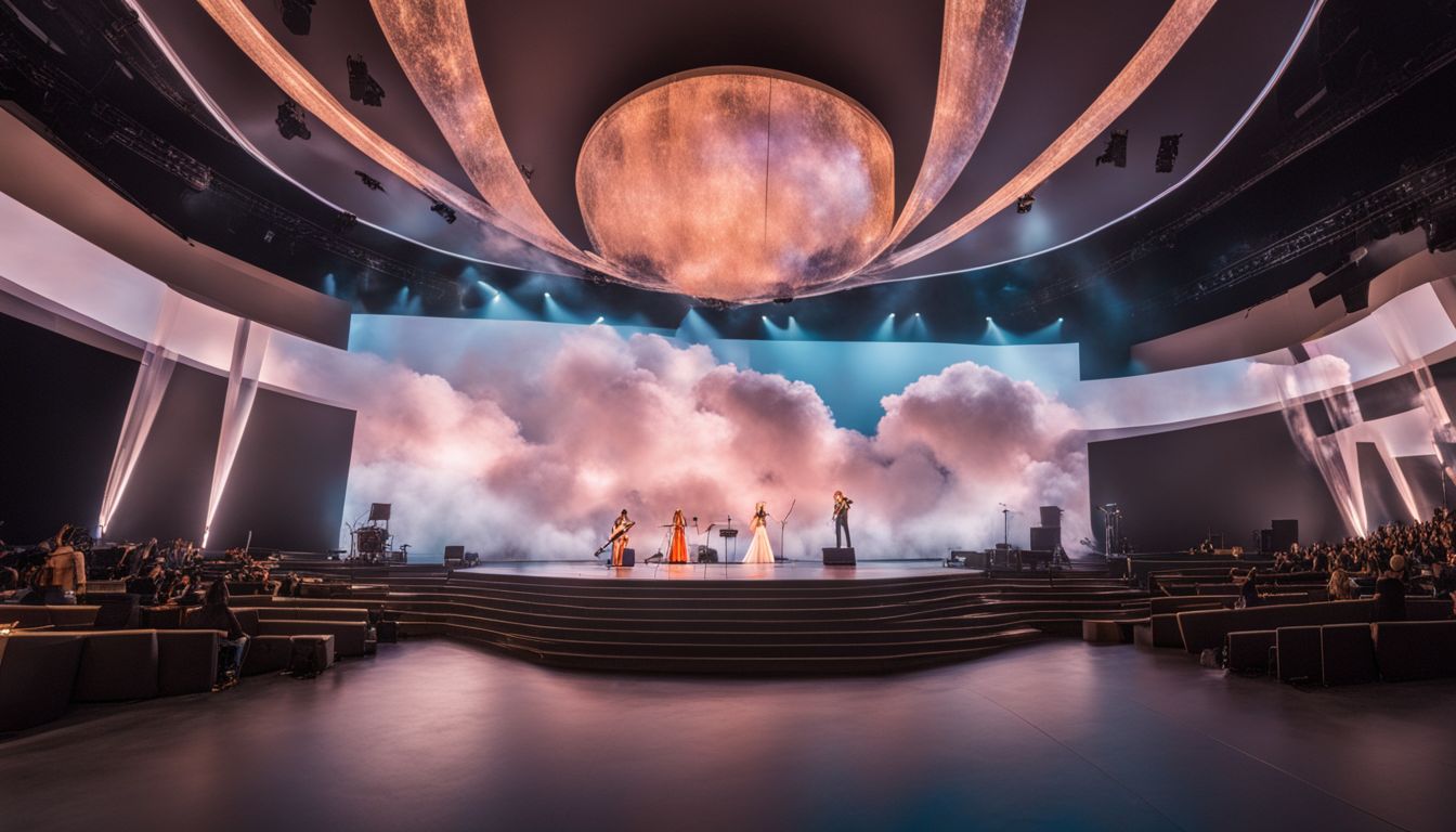 A minimalist stage with cloud installations and diverse cityscape photography.