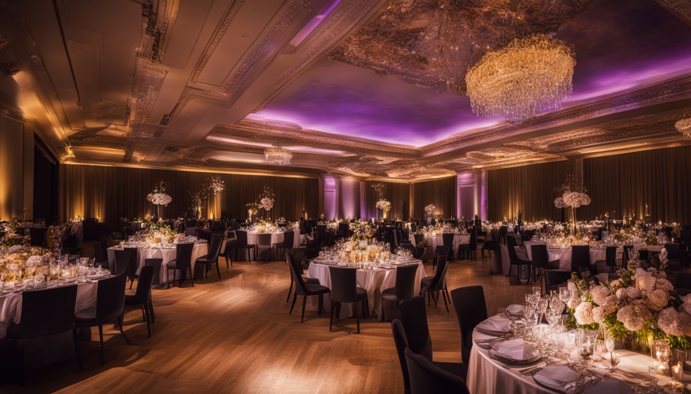 A sophisticated gala event with diverse guests and stunning city views.