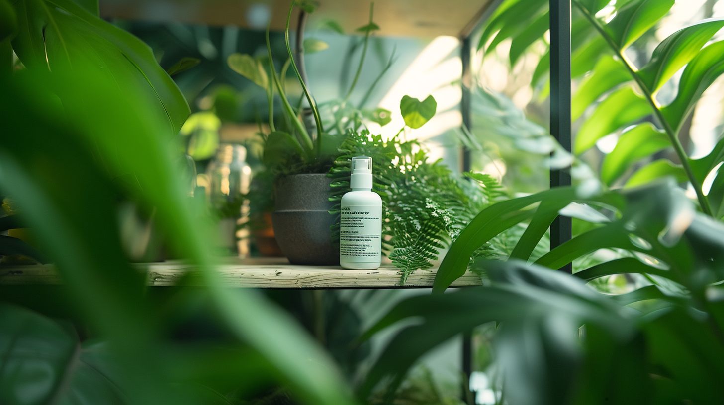 A bottle of Rogaine and Minoxidil on a shelf with greenery.