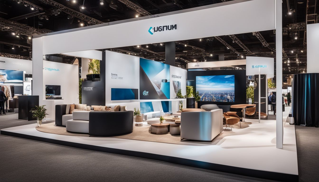 A modern trade show booth with diverse attendees and cityscape photography.