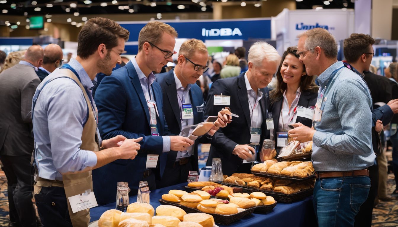 Business professionals tasting and discussing dairy, bakery, and deli products at IDDBA Expo.