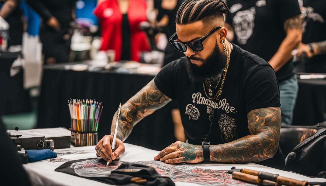A tattoo artist creating intricate designs at a tattoo expo.