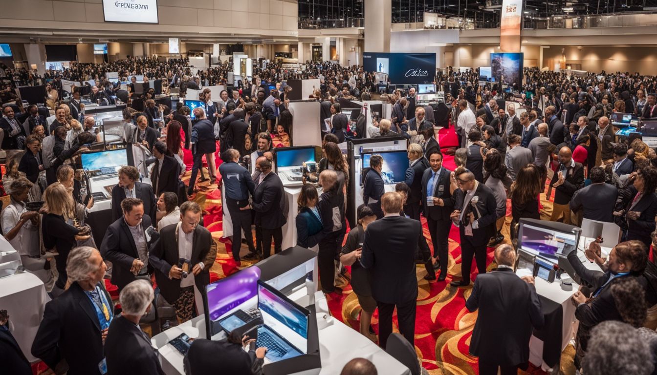 Realtors networking at a busy convention center, captured in high definition.
