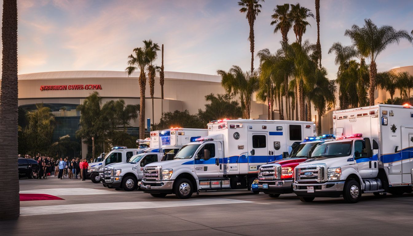 A panorama of emergency response vehicles outside the Anaheim Convention Center.