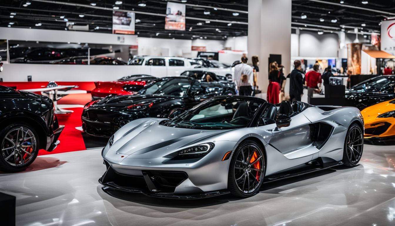 Exotic cars on display at North Texas Auto Show in a bustling atmosphere.