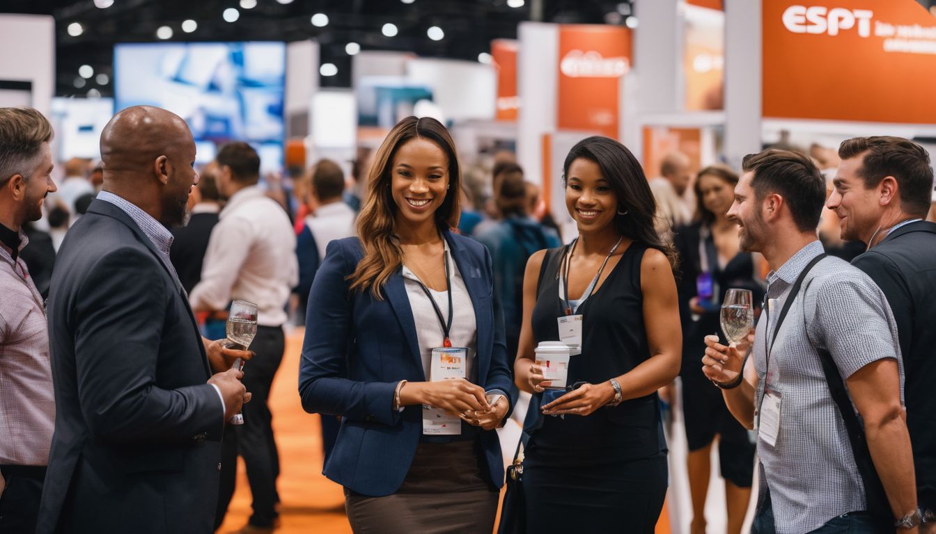 Diverse professionals networking at a busy trade show event.