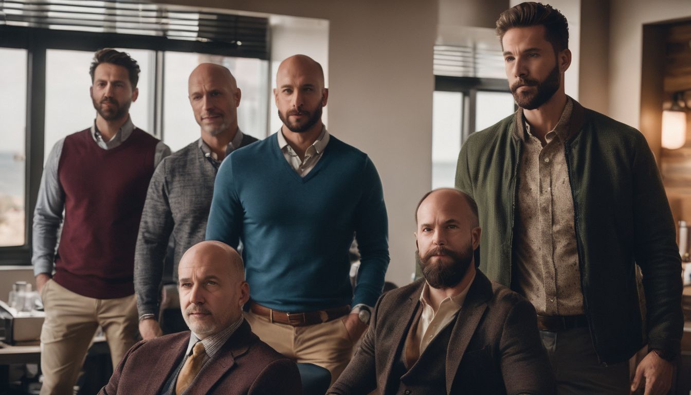 A diverse group of adult males with varying degrees of hair loss in a clinical setting.