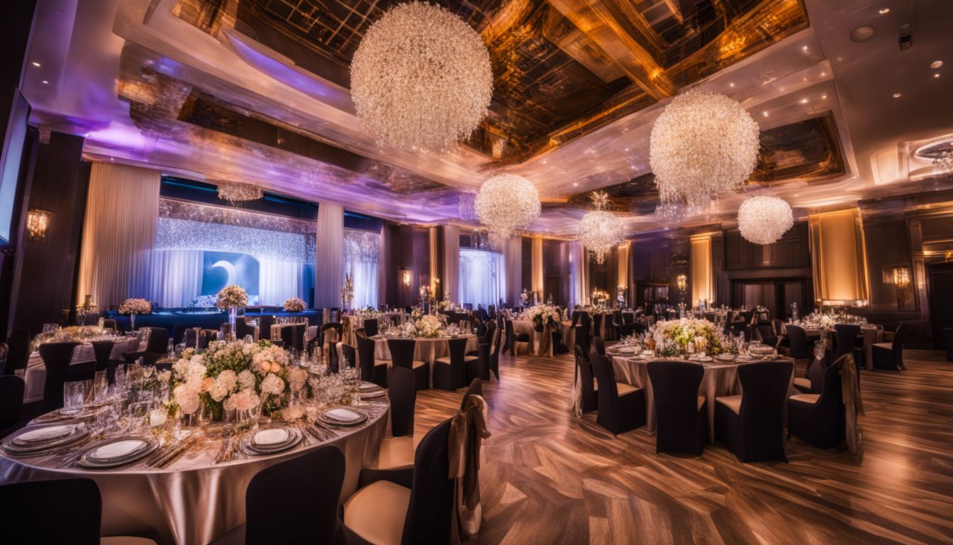 An elegant event venue with personalized decorations and a bustling atmosphere.