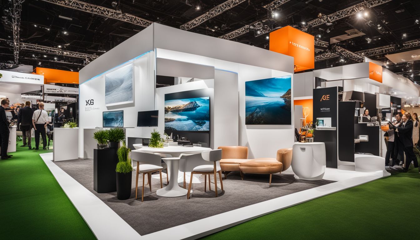A modern trade show booth with diverse people and stylish furniture.