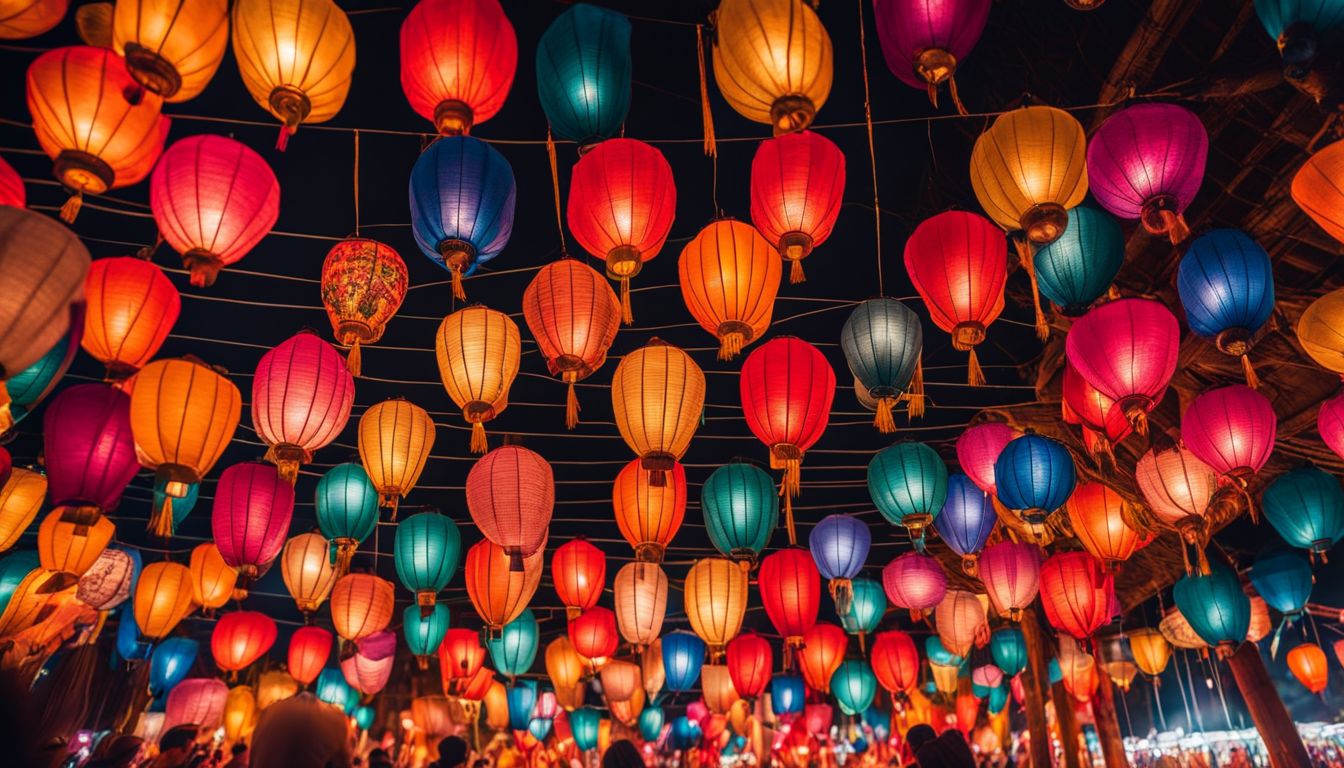 A lively festival with colorful hanging lanterns and diverse attendees.