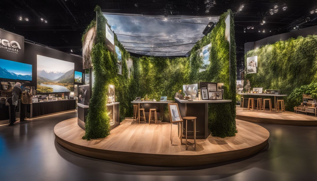 A booth display with durable, reusable exhibits surrounded by eco-friendly elements.